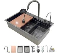 Lavello da cucina in acciaio inossidabile a vasca singola a cascata multifunzionale per bar/bancone, postazione di lavoro nano-rivestita con rubinetto a cascata con doccetta retrattile e set di