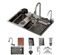 Lavello da Cucina in Acciaio Inossidabile con Rubinetto Estraibile Multifunzionale Waterfall Bar Lavello Singola Ciotola Nano RV Lavello con Set di Accessori Completo (Color : Black, S : 75x45x21cm
