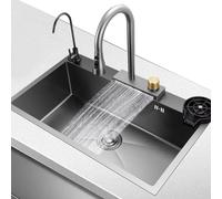 Lavello da cucina in acciaio inossidabile grigio, grande lavello a vasca singola da incasso con rondella a tazza rubinetto a cascata accessori completi (85 x 50 x 22 cm)