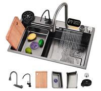 Lavello da Cucina in Acciaio Inossidabile Grigio Nero Nano-Rivestito - Lavello da Lavoro Grande 80 Cm con Rubinetto Estraibile, Lavabicchieri E Accessori - Lavabo Profondo Moderno PE, B, 65x50cm