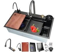 Lavello da Cucina in Acciaio Inossidabile Nero, Lavello A Cascata, Lavello Multifunzionale per Workstation A Vasca Singola, Lavello A Barra con Rivestimento Nano per Montaggio, Black#1a, 80x50cm