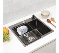 Lavello da cucina in acciaio inox 201, nero, 45 x 40 x 20 cm, con scolapiatti e dispenser di sapone, design moderno, per famiglie, ristoranti, lavanderia, cantina