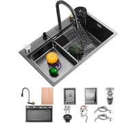 Lavello da cucina in acciaio inox 65x50 cm Lavello a vasca singola con rubinetto estraibile MultifunctalSink TopMount Design per un uso efficiente dello spazio