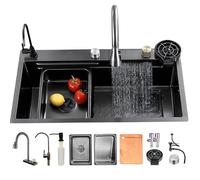 Lavello da cucina in acciaio inox 70x50 cm con rubinetto a cascata - Resistente vasca singola nero/grigio, include tagliere, cestello raccogli-gocce e accessori per il lavaggio a pressione domestico