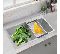 Lavello da cucina in acciaio inox, 78 × 43 × 21 cm, con scolapiatti e scolapiatti a forma di V, doppio lavabo per garage, lavanderia, cantina, rettangolare