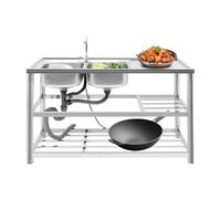 Lavello da cucina in acciaio inox, a 2 vasche a 3 livelli, autoportante, con rubinetto, per ristorante, campeggio, 120 x 45 x 80 cm, con accessori e scolapiatti