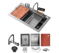 Lavello Da Cucina In Acciaio Inox A Cascata Con Rubinetto Estraibile Lavello Da Lavoro A Vasca Singola Con Rivestimento Nano, Montaggio Superiore, Con Accessori, Idropulitrice, Tagliere, Cestello Di S