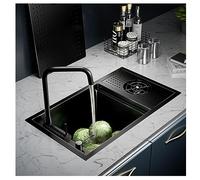Lavello da cucina in acciaio inox a incasso, vasca singola, nero, moderno, commerciale, sottotop, con rubinetto nascosto, distributore di sapone combinato, gruppo di scarico