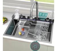 Lavello da cucina in acciaio inox con cascata e rubinetto display digitale, design moderno a nido d'ape, accessori completi Suite ed eleganti controlli per interruttore pianoforte