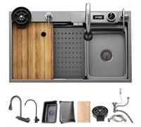 Lavello da cucina in acciaio inox con design a cascata estraibile Fau a vasca singola include lavastoviglie e kit di scarico nero e grigio, 65 x 50 cm, perfetto per cucine moderne