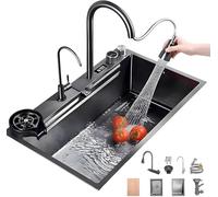 Lavello da cucina in acciaio inox con display della temperatura e doppia cascata, vasca singola rivestita in nano-rivestimento