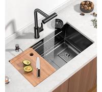 Lavello da cucina in acciaio inox con rubinetto a cascata, doccetta estraibile, stazione di lavoro a vasca singola e accessori