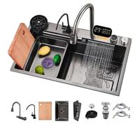 Lavello Da Cucina In Acciaio Inox Con Rubinetto A Cascata Postazione Di Lavoro Da Cucina A Una Vasca Da 80x50 Cm Display Intelligente Della Temperatura, Set Di Accessori Completo(80x50cm)