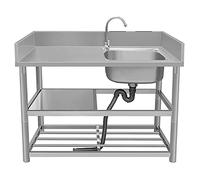 Lavello da cucina in acciaio inox con vasca singola con banco da lavoro e ripiani, rubinetto autoportante per bagno, ristorante, casa colonica