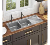 Lavello da cucina in acciaio inox, doppio lavello con sgocciolatoio, colino e sifone, vasca extra profonda per padelle grandi, resistente ai graffi e agli urti, salvaspazio, vassoio scolapiatti a