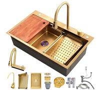 Lavello da cucina in acciaio inox dorato con rubinetto estraibile piccolo lavello singolo lavello tazza lavello con scarico Set Nano rivestimento elegante design a cascata.