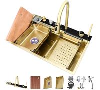 Lavello Da Cucina In Acciaio Inox Golden Single Bowl Cascata Lavello Lavabo Multifunzione Bar Con Rubinetto Integrato, Cestello Di Scarico, Lavabo Di Scarico, Lavabicchieri (Color : Gold, S : 80x45x