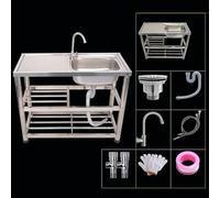 Lavello da Cucina in Acciaio Inox Lavello per Lavanderia Lavello A Vasca Singola Autoportante con Rubinetti per Acqua Calda E Fredda E Piano di Lavoro Set Completo di Accessori, 80CM*45CM*80CM
