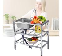 Lavello da cucina in acciaio inox, lavello portatile per lavanderia da esterno con mobiletto, vasca singola, stazione di lavaggio da cucina, rubinetto caldo e freddo, set di filtri di scarico,