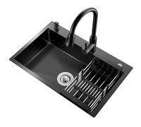 Lavello da cucina in acciaio inox, lavello sottotop a una vasca con rubinetto per acqua calda e fredda, scolapiatti, dispenser di sapone e gruppo di scarico, 3 fori per rubinetto per cucina,