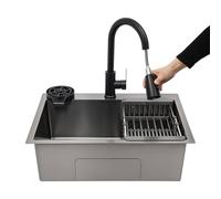 Lavello da cucina in acciaio inox, monocomando, nero, 60 x 45 cm, con rubinetto, dispenser per sapone, cestello sgocciolatoio, da incasso