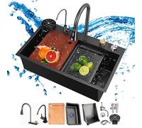 Lavello da cucina in acciaio inox nero 80 x 45 cm, design a cascata con coperchio estraibile e rondella pressurizzata