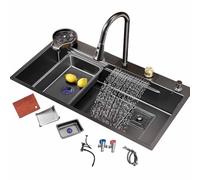 Lavello da cucina in acciaio inox nero con rubinetto a cascata grande lavello singolo lavello nero con rondella a tazza, tutti gli accessori inclusi (86 x 50 x 22 cm)