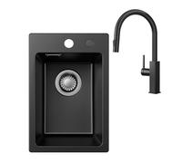 Lavello da cucina in granito, 30 x 45 cm, nero con miscelatore, piccolo lavello per mobiletto a partire da 30 cm, rubinetto estraibile con funzione doccia a 360°