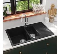 Lavello da cucina in granito, doppio lavello, nero, resistente al calore e ai graffi, con due vasche, reversibile, con cestello e coperchio per fori in acciaio inox