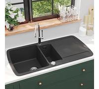 Lavello da Cucina in Granito Nero Vasca Doppia 80% Quarzo 20% Resina Resistente al Calore Graffi e Urto Design Elegante Reversibile Montaggio Semplice Filtro Incluso Durevole