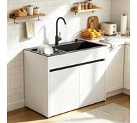 Lavello da Cucina in Inox con Armadietto Alluminio a Nido d'Ape, Sifone Incluso per Giardino, Terrazza e Ripostiglio