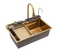 Lavello da cucina, lavandino a cascata, lavandini da cucina multifunzionali con cascata e rubinetto estraibile, lavello da incasso 1 vasca, durevole, oro (75x46x22cm)