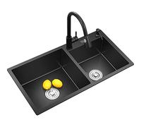 Lavello da cucina, lavello in acciaio inox a doppia vasca nero con rubinetto estraibile e gruppo di scarico, montaggio superiore o sottotop