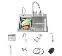 Lavello da cucina, lavello semplice in acciaio inossidabile, miscelatore estraibile, lavello da cucina a un serbatoio in acciaio inossidabile a 3 fori, moderno, 60 x 45 cm