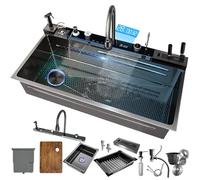 Lavello da cucina moderno nero con display a LED, pistola a spruzzo estraibile e dispenser di sapone, design multifunzionale (100 x 50 cm lato sinistro) per una facile pulizia della tazza e