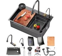 Lavello da Cucina Moderno Nero da 85x45 Cm con Rubinetto A Cascata A LED, Vasca Singola in Acciaio Inox, Tagliere Mobile E Set di Scarico - Design Multifunzionale Black#01a 65x50cm