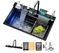 Lavello da cucina Multifunz Lavello a cascata digitale con Lavatazze Dispenser Sapone,Cascata flusso d'acqua,Drenaggio Desktop (Nero, 75x46x21CM)