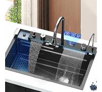 Lavello da cucina multifunzionale a cascata Display digitale Lavello singolo grigio grande Lavello per lavabo in acciaio inossidabile 304
