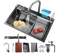 Lavello da cucina multifunzione con display digitale in acciaio inox 304 Lavello a cascata con rondella tazza, dispenser di sapone, cascata a pioggia, controllo da tavolo