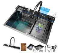 Lavello da cucina multifunzione in acciaio inox con bordo a cascata e scarico grigio canna di fucile, ideale per case e bar moderni (80 x 46 cm)