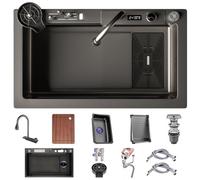Lavello da cucina multifunzione in acciaio inox con rubinetto estraibile digitale a cascata, include cestello di scarico, tagliere e spazzola per tazza 70 x 45 x 21 cm, finitura nera