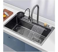 Lavello da cucina nano in acciaio inox 304 nero fatto a mano a cascata con rubinetto estraibile e rondella della tazza superiore/sottopiano 75x45x22 cm lavello multiuso RV