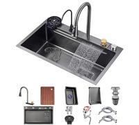 Lavello da Cucina Nano Nero 304 Lavandino A Cascata in Acciaio Inossidabile Lavello di Preparazione A Barre Monouso Multiuso con Rubinetto E Scarico Scendi O sotto Il Supporto (Color : Black, S : 80