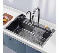 Lavello da cucina Nano Waterfall, postazione di lavoro in acciaio inossidabile 304 con una vasca, con rubinetto estraibile for acqua calda e fredda, manopola di controllo dello scarico dell'acqua, lav