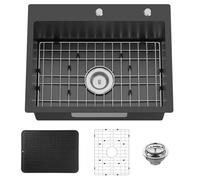 Lavello da cucina nero 58 x 45,7 cm, in acciaio inox, a vasca singola, montaggio superiore, look elegante e moderno, con griglia inferiore, tappetino in silicone e scarico per aggiungere eleganza e