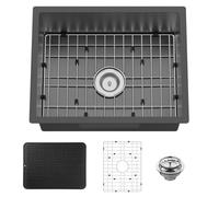 Lavello da cucina nero 58 x 45,7 cm, sottopiano, in acciaio inox, lavello da cucina con design elegante e moderno, con griglia inferiore, tappetino in silicone e scarico per aggiungere eleganza e