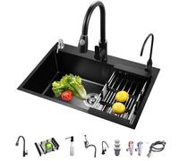 Lavello da Cucina Nero 80 x 50 cm, Lavello da Cucina in Acciaio Inox, Lavello Sottotop o Sopratop con Rubinetto Estraibile/Distributore di Sapone/Scolapiatti/Rubinetto Puro (Nero, 80x50cm)
