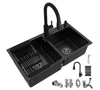 Lavello da cucina nero a doppia vasca con rubinetto estraibile Postazione di lavoro in acciaio inossidabile con rivestimento nano facile da pulire Doppio montaggio Lavello di preparazione per bar