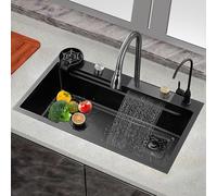 Lavello da cucina nero a una vasca, lavello a cascata in acciaio inossidabile, lavello da bar con lavelli for la pulizia delle tazze, con rubinetto estraibile Flying Rain, lavello for la pulizia delle