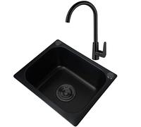 Lavello da cucina nero a vasca singola in acciaio inox sottotop o drop-in include rubinetto a gomito e gruppo di scarico per una facile installazione